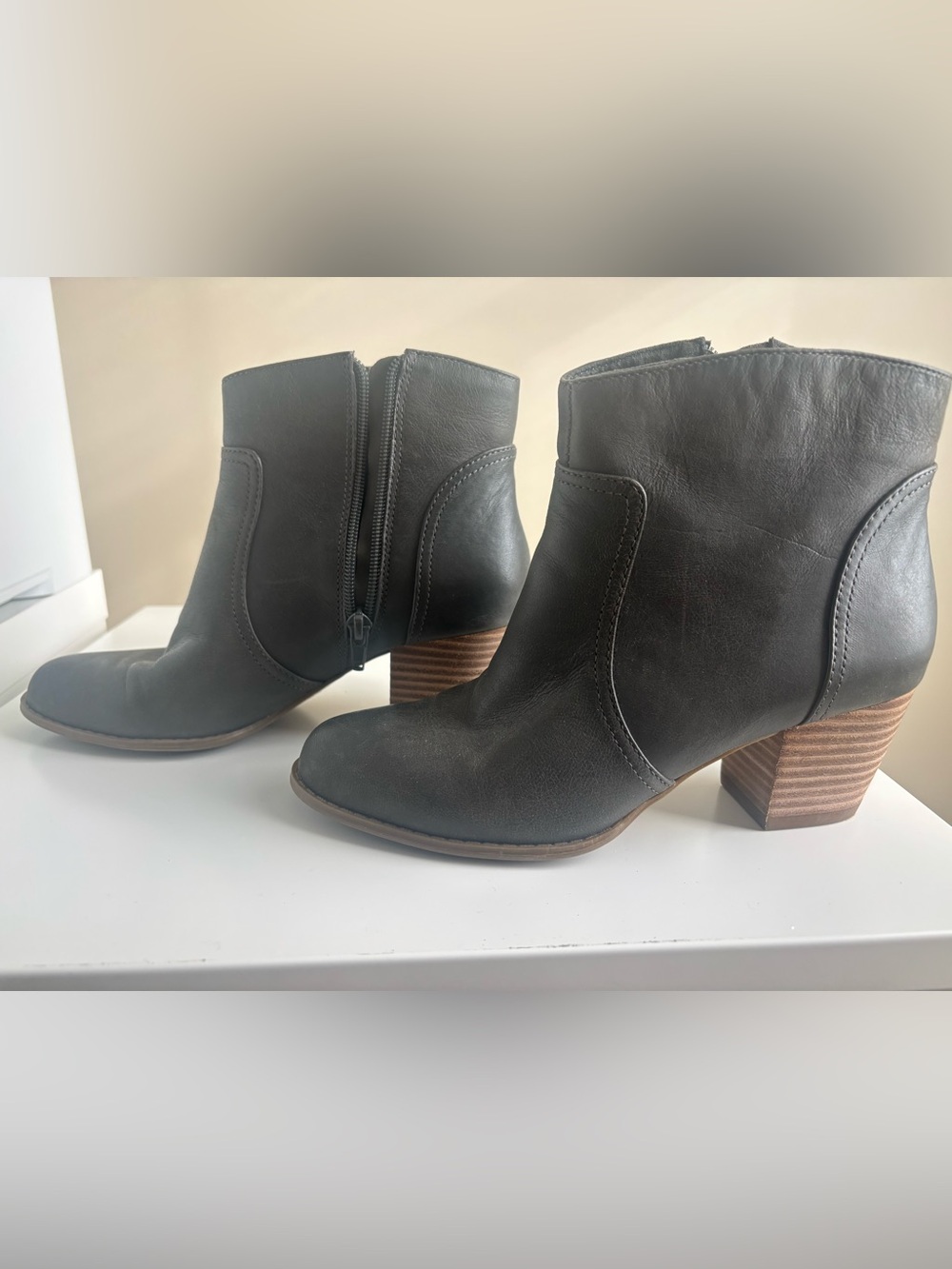 Sole Society Romy bootie.  Grey leather. 2.25” block heel.  EUC. Please read.